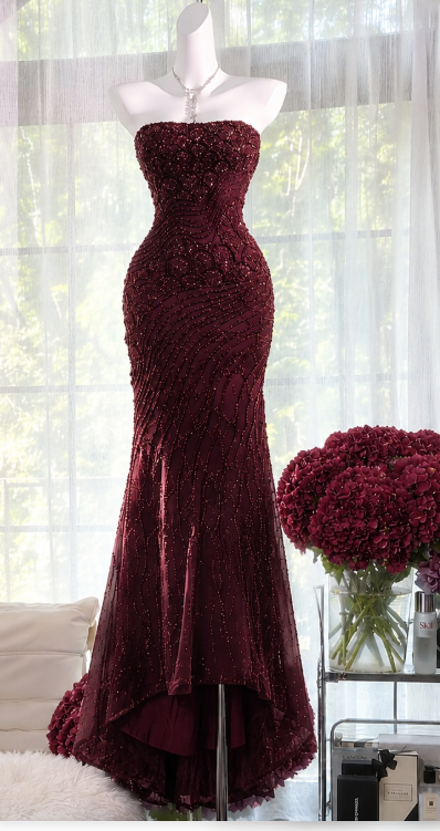 Jolie robe de bal bordeaux fourreau en mousseline perlée, robe de soirée longue DP08279
