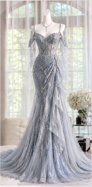 Jolie robe de bal bleue, robe de soirée longue fourreau en mousseline ornée de perles DP08283