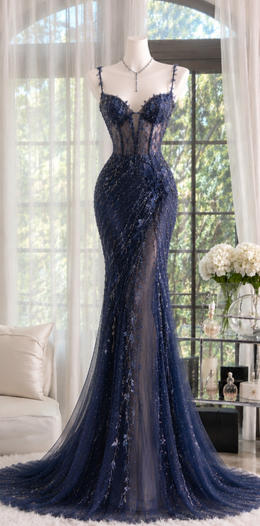 Schönes marineblaues, figurbetontes, perlenbesetztes langes Abendkleid aus Chiffon DP08284