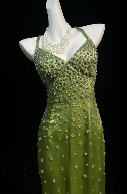 Pretty Green Prom Dress Sheath Satin Beaded Long Evening Dress DP08287
