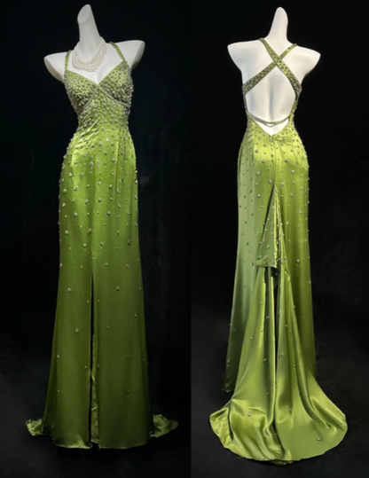 Pretty Green Prom Dress Sheath Satin Beaded Long Evening Dress DP08287