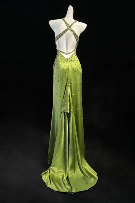 Pretty Green Prom Dress Sheath Satin Beaded Long Evening Dress DP08287