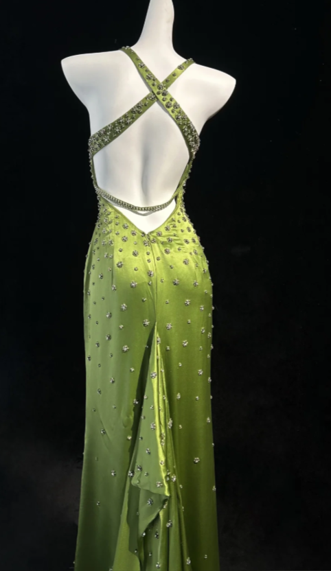 Pretty Green Prom Dress Sheath Satin Beaded Long Evening Dress DP08287