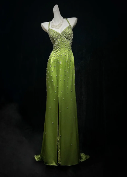 Pretty Green Prom Dress Sheath Satin Beaded Long Evening Dress DP08287