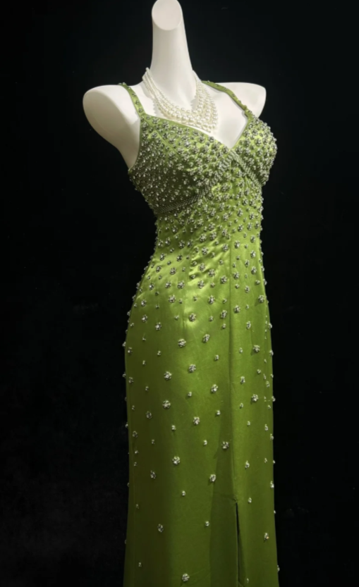Pretty Green Prom Dress Sheath Satin Beaded Long Evening Dress DP08287