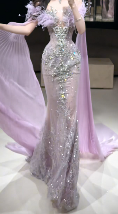 Pretty Purple Prom Dress Sheath Tulle Beaded Long Evening Dress DP08291