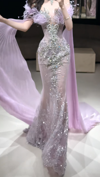 Pretty Purple Prom Dress Sheath Tulle Beaded Long Evening Dress DP08291