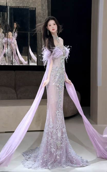 Pretty Purple Prom Dress Sheath Tulle Beaded Long Evening Dress DP08291