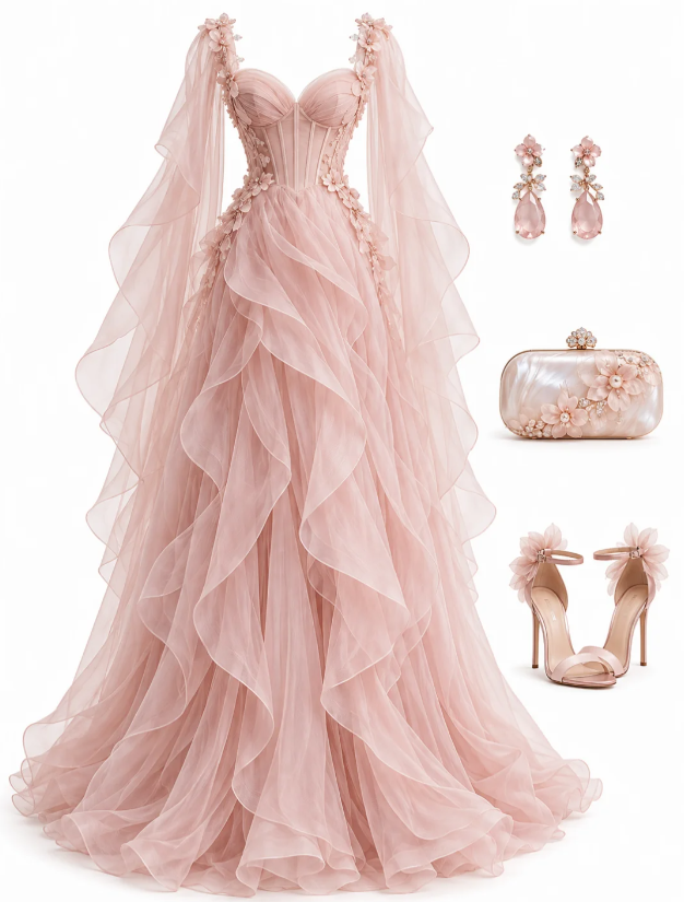 Pretty Pink Prom Dress A-Line Tulle Long Evening Dress DP08292