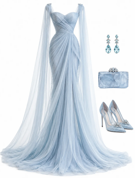 Jolie robe de bal bleue, robe de soirée longue trapèze en tulle DP08293