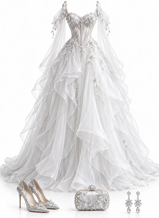 Jolie robe de bal blanche longue en tulle, coupe trapèze DP08294