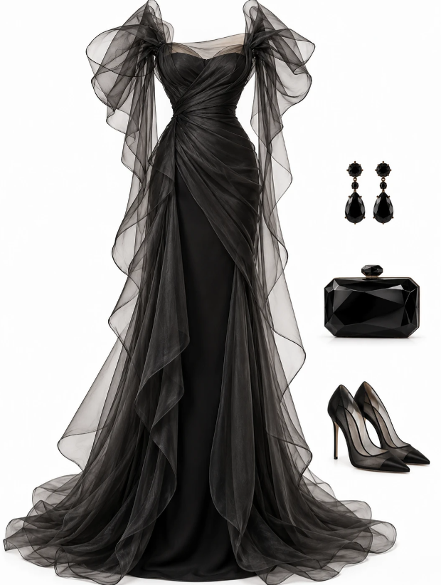 Schönes schwarzes langes Abendkleid aus Tüll in Etui-Passform für den Abschlussball DP08295