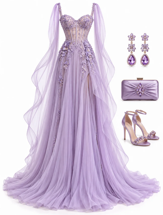 Jolie robe de bal violette en tulle, coupe trapèze, robe de soirée longue DP08296