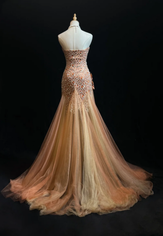 Jolie robe de bal orange fourreau en tulle, robe de soirée longue DP08298