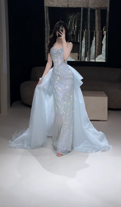 Pretty Ice Blue Prom Dress Sheath Tulle Diamonds Long Evening Dress DP08299