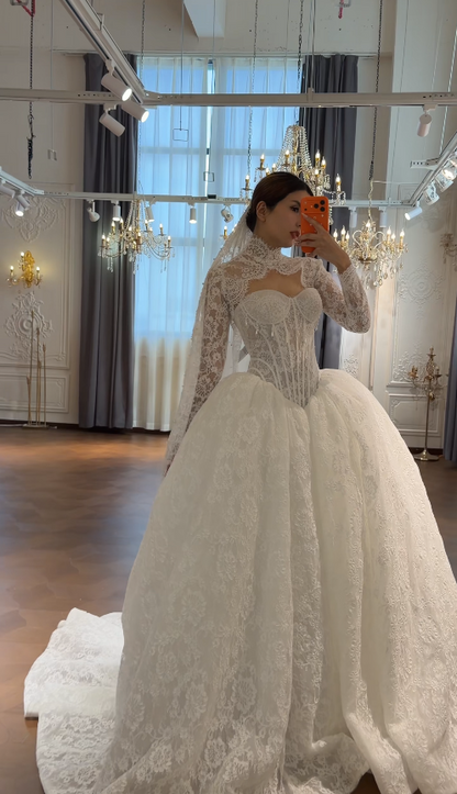 Glam A-Line Lace Long Wedding Dress White Bridal Gown DP08301