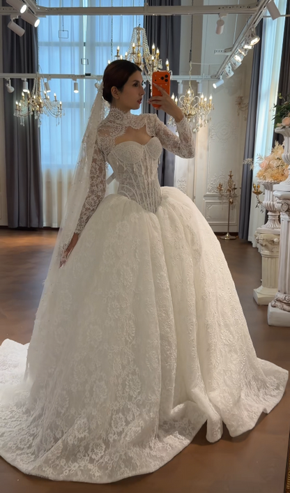 Glam A-Line Lace Long Wedding Dress White Bridal Gown DP08301