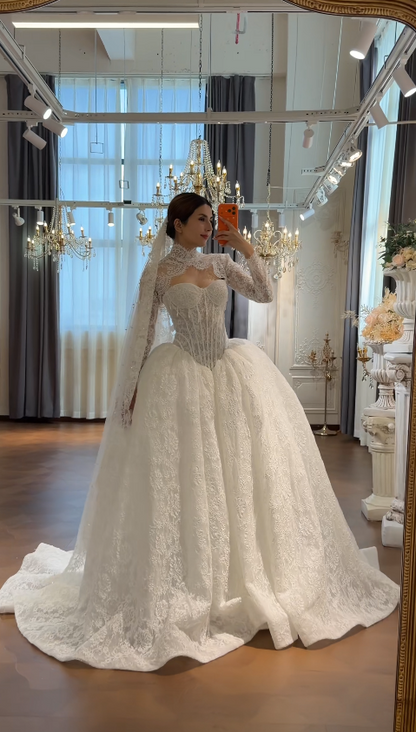 Glam A-Line Lace Long Wedding Dress White Bridal Gown DP08301