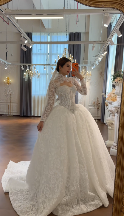 Glam A-Line Lace Long Wedding Dress White Bridal Gown DP08301