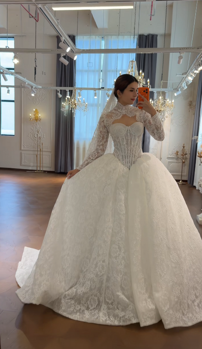 Glam A-Line Lace Long Wedding Dress White Bridal Gown DP08301