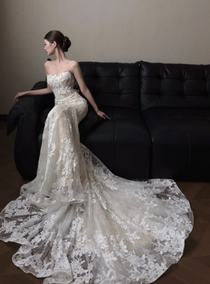 Glam Sheath Tulle Appliques Lace Long Wedding Dress White Bridal Gown DP08304