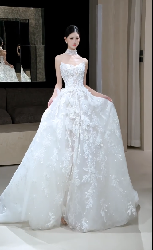 Glam A-Line Tulle Appliques Long Wedding Dress White Bridal Gown DP08305