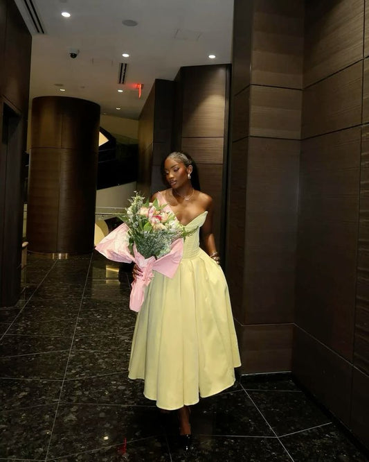 Cute Ball Gown Yellow Satin Long Birthday Dress Prom Dress Baddie Summer Birthday Outfit DP1012