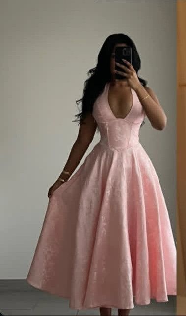 Cute Ball Gown Pink Halter Satin Long Birthday Dress Prom Dress Baddie Summer Birthday Outfit DP1013
