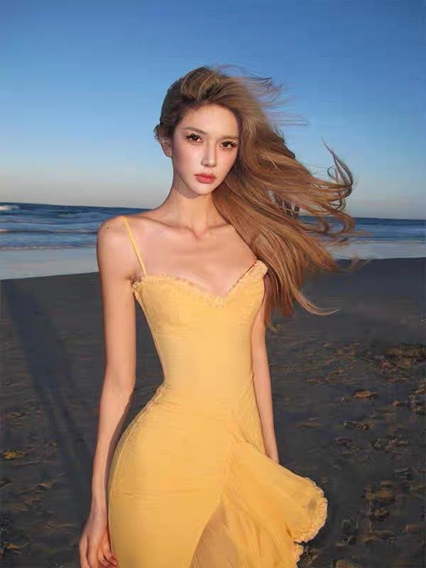 Sexy High Low Spaghetti Straps Yellow Long Birthday Dress Prom Dress Baddie Summer Birthday Outfit DP1024