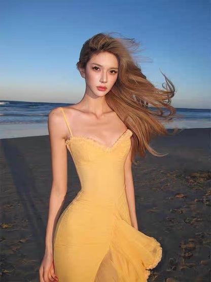 Sexy High Low Spaghetti Straps Yellow Long Birthday Dress Prom Dress Baddie Summer Birthday Outfit DP1024