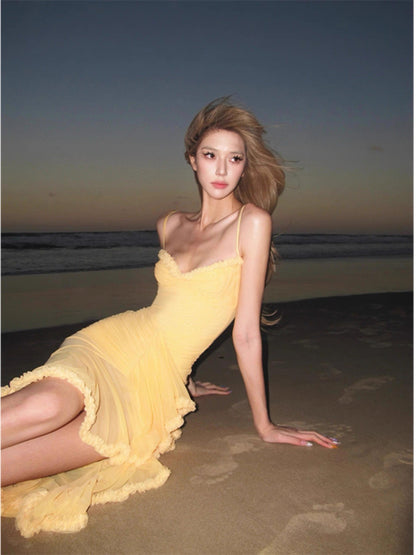 Sexy High Low Spaghetti Straps Yellow Long Birthday Dress Prom Dress Baddie Summer Birthday Outfit DP1024