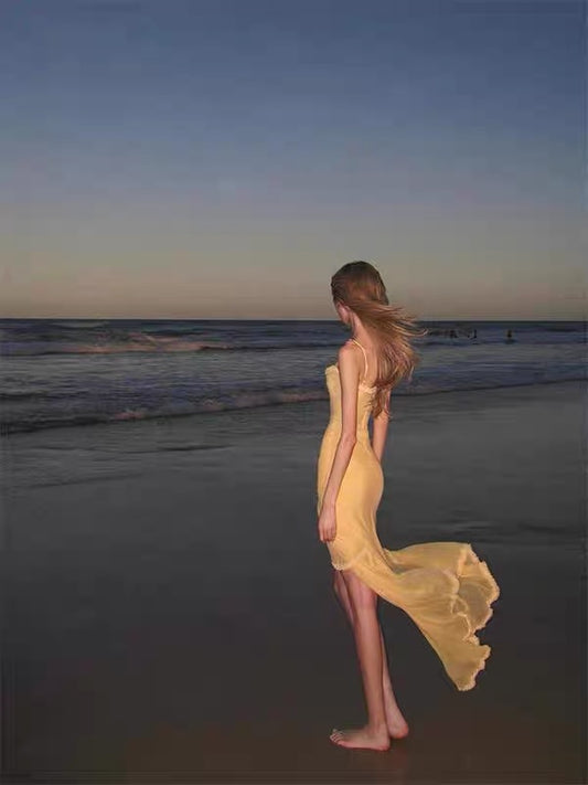 Sexy High Low Spaghetti Straps Yellow Long Birthday Dress Prom Dress Baddie Summer Birthday Outfit DP1024