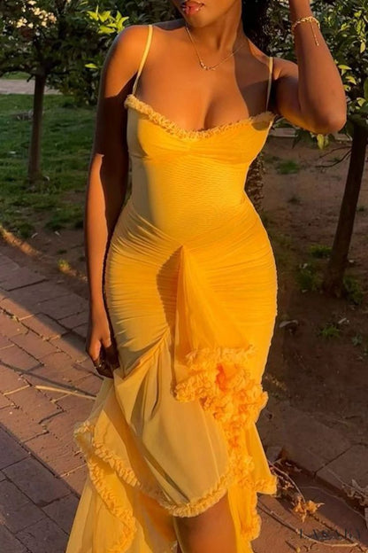 Sexy High Low Spaghetti Straps Yellow Long Birthday Dress Prom Dress Baddie Summer Birthday Outfit DP1024