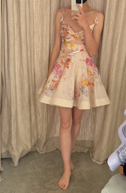 Sexy A Line Spaghetti Straps Pink Floral Short Summer Birthday Dress Hoco Dress Birthday Outfit 18th Birthday Mini Party Dresses DP1051