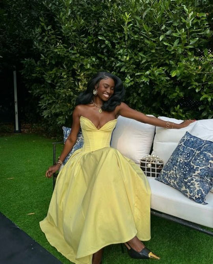Cute Ball Gown Yellow Satin Long Birthday Dress Prom Dress Baddie Summer Birthday Outfit DP1062