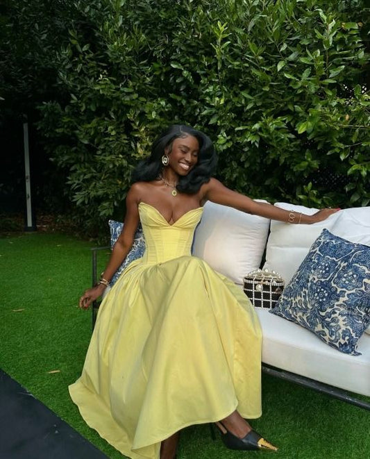 Cute Ball Gown Yellow Satin Long Birthday Dress Prom Dress Baddie Summer Birthday Outfit DP1062
