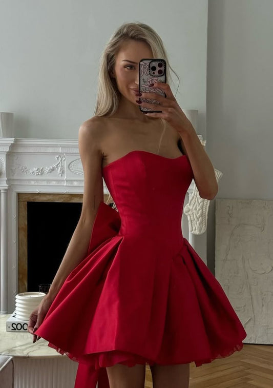 Sexy A line Strapless Red Satin Short Summer Birthday Dress Hoco Dress Birthday Outfit 18th Birthday Mini Party Dresses DP1083