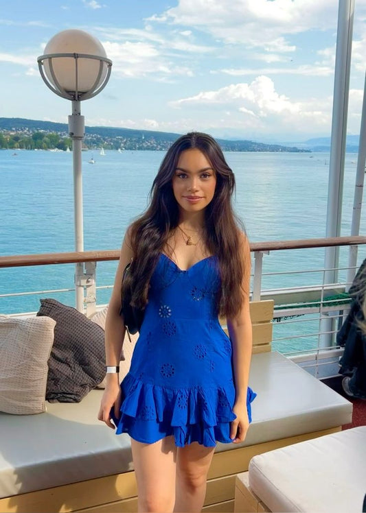 Cute Sheath Spaghetti Straps Royal Blue Short Summer Birthday Dress Hoco Dress Birthday Outfit 18th Birthday Mini Party Dresses DP1095