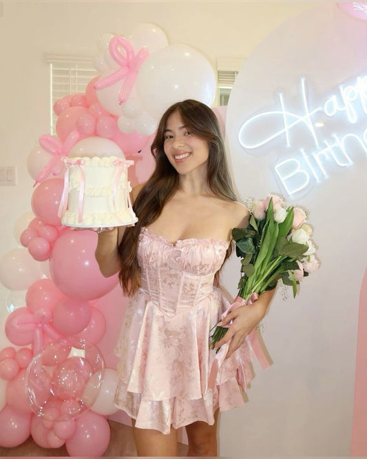 Cute A line Strapless Pink Lace Short Summer Birthday Dress Hoco Dress Birthday Outfit 18th Birthday Mini Party Dresses DP1101
