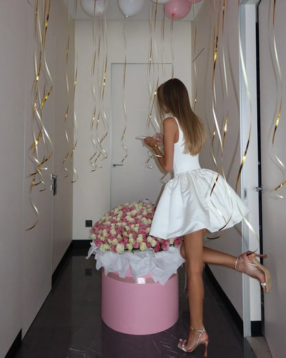 Cute A Line Square Neckline White Satin Short Summer Birthday Dress Hoco Dress Birthday Outfit 18th Birthday Mini Party Dresses DP1109