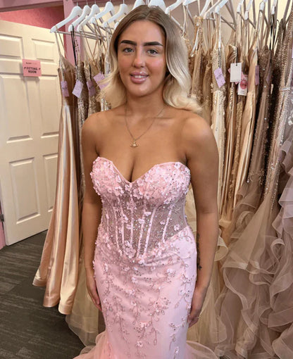 Elegant Mermaid Sweetheart Lace Pink Long Birthday Dress Prom Dress Baddie Summer 20th Birthday Outfit DP1131