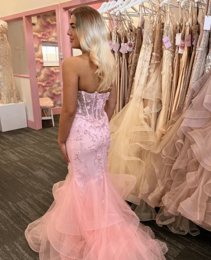 Elegant Mermaid Sweetheart Lace Pink Long Birthday Dress Prom Dress Baddie Summer 20th Birthday Outfit DP1131