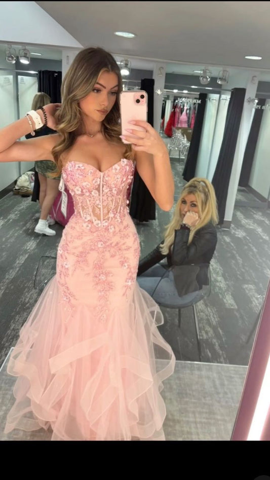 Elegantes Meerjungfrau-Kleid mit herzförmigem Ausschnitt und Spitze, rosa, lang, für den Geburtstag, Abschlussball, Baddie, Sommer-Outfit zum 20. Geburtstag, DP1131