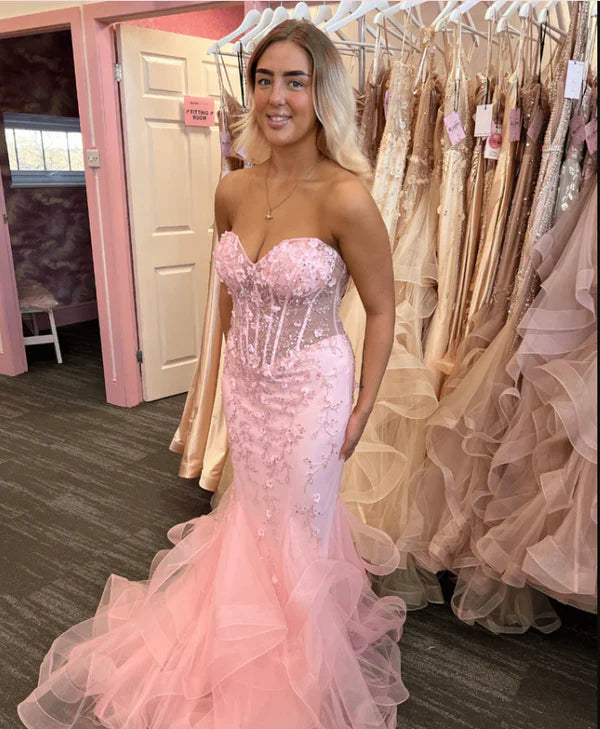 Elegant Mermaid Sweetheart Lace Pink Long Birthday Dress Prom Dress Baddie Summer 20th Birthday Outfit DP1131