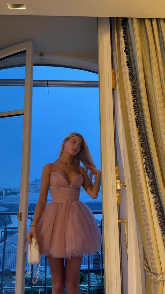 Süßes Ballkleid mit Spaghettiträgern, rosa, kurzes Sommer-Geburtstagskleid, Hoco-Kleid, Geburtstagsoutfit, 19. Geburtstag, Mini-Cocktailkleider, DP1135
