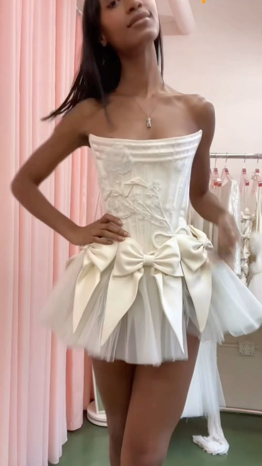 Cute Ball Gown Strapless White Satin Short Summer 20th Birthday Dress Hoco Dress Birthday Outfit 18th Birthday Mini Party Dresses DP1162