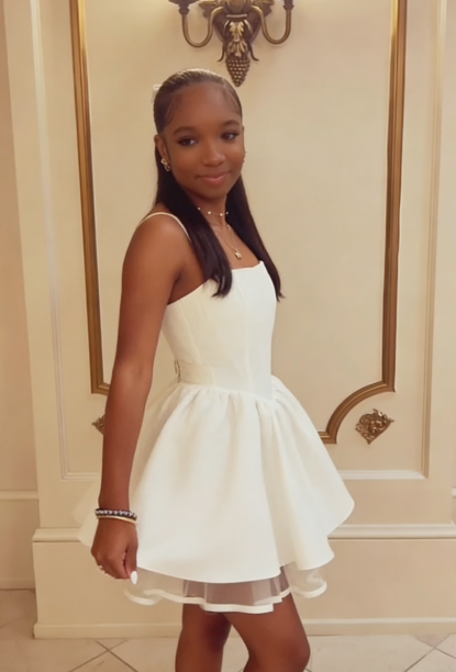 Sexy A Line Square Neckline White Satin Short Summer Birthday Dress Hoco Dress Birthday Outfit 18th Birthday Mini Party Dresses DP1163