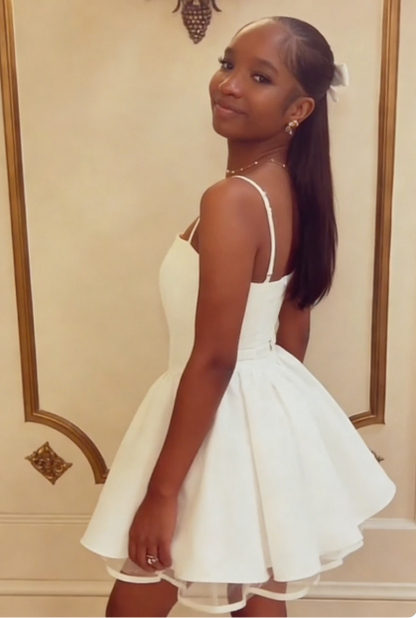 Sexy A Line Square Neckline White Satin Short Summer Birthday Dress Hoco Dress Birthday Outfit 18th Birthday Mini Party Dresses DP1163