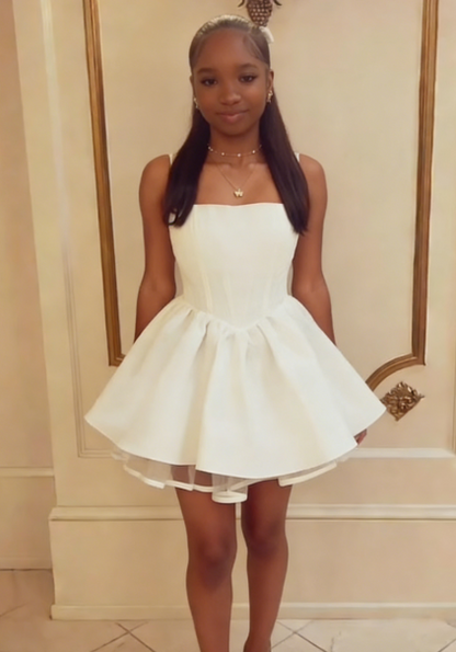 Sexy A Line Square Neckline White Satin Short Summer Birthday Dress Hoco Dress Birthday Outfit 18th Birthday Mini Party Dresses DP1163