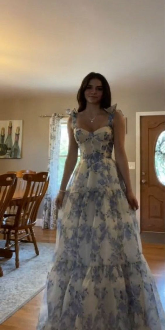 Stunning A line Straps Blue Floral Long 21st Birthday Dress Party Dress Birthday Outfit DP1166